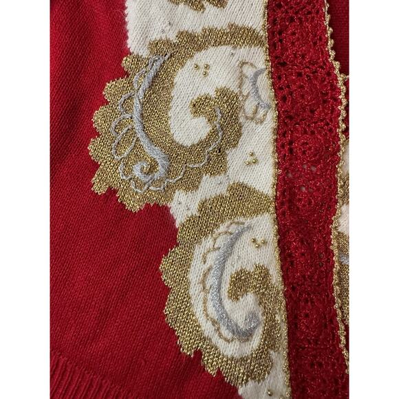 Vintage Large Dana Scott 80s Red White Gold Beaded Sweater Christmas Shiny - Picture 9 of 9